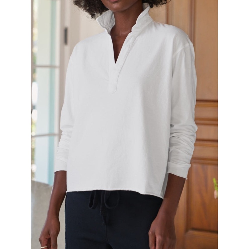 Frank & Eileen White Patrick Notch Collar Pullover Polo Top S Minimalist Neutral